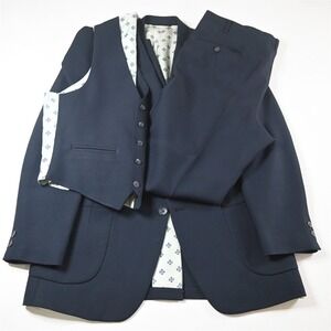 Vtg USA Made Johnny Carson 40L‎ 36x34 Navy Blue 3 Piece Vest Mens Suit